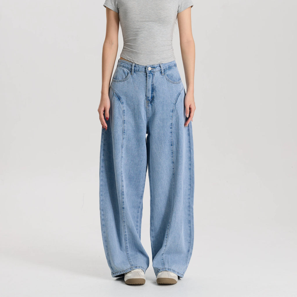 Women Light Blue Barrel Leg Denim Jeans Mid Rise Relaxed Fit Vintage Style Trendy Streetwear Pants