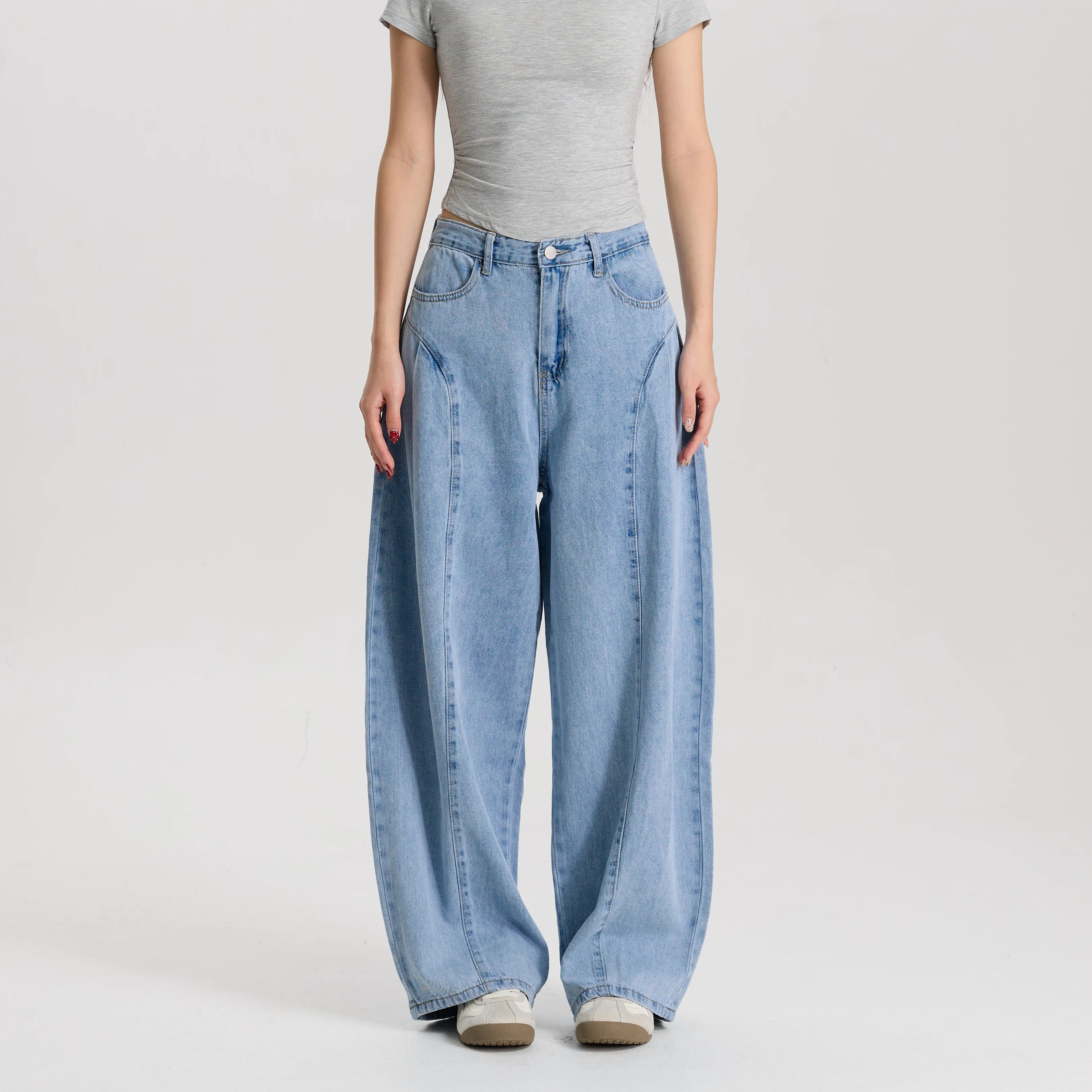 Women Light Blue Barrel Leg Denim Jeans Mid Rise Relaxed Fit Vintage Style Trendy Streetwear Pants
