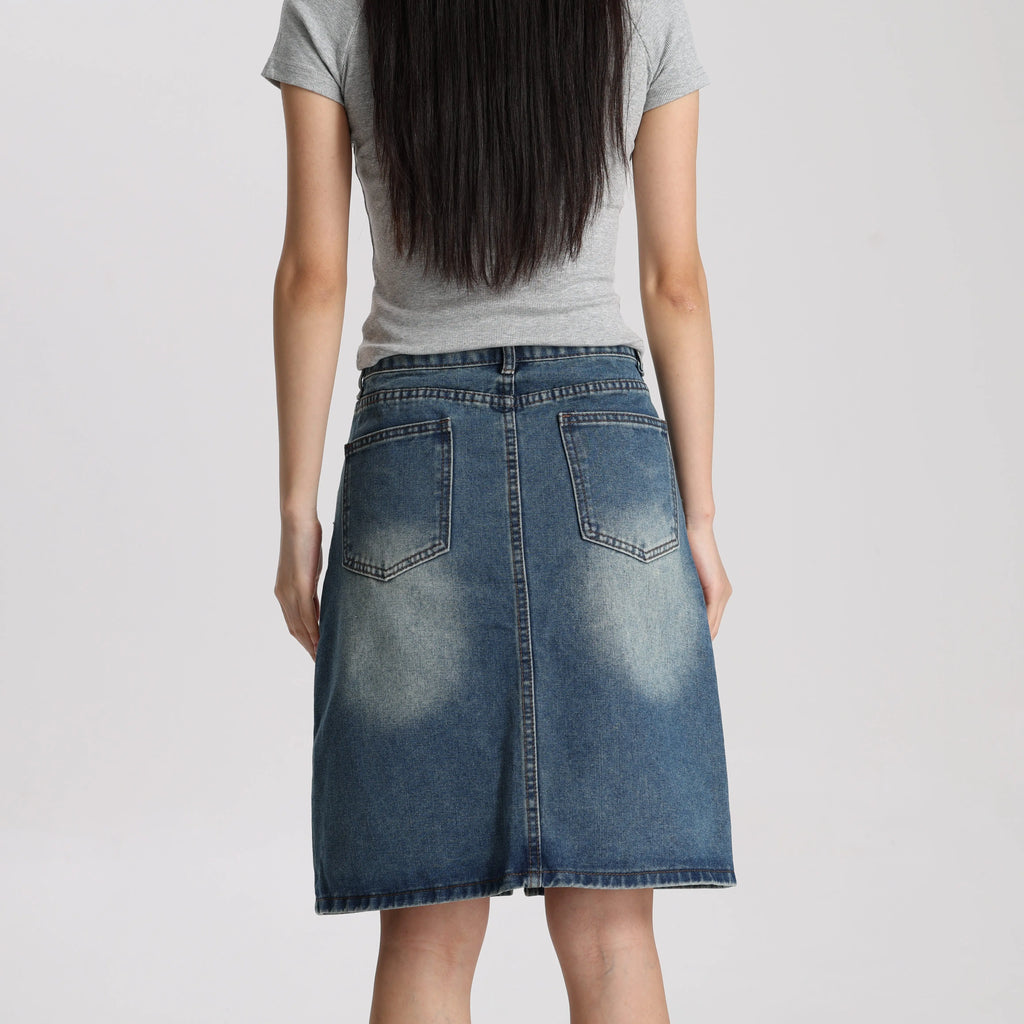 Women Medium Blue Denim A-Line Mini Skirt Mid Waist Casual Vintage Style High Quality Fashion Skirt