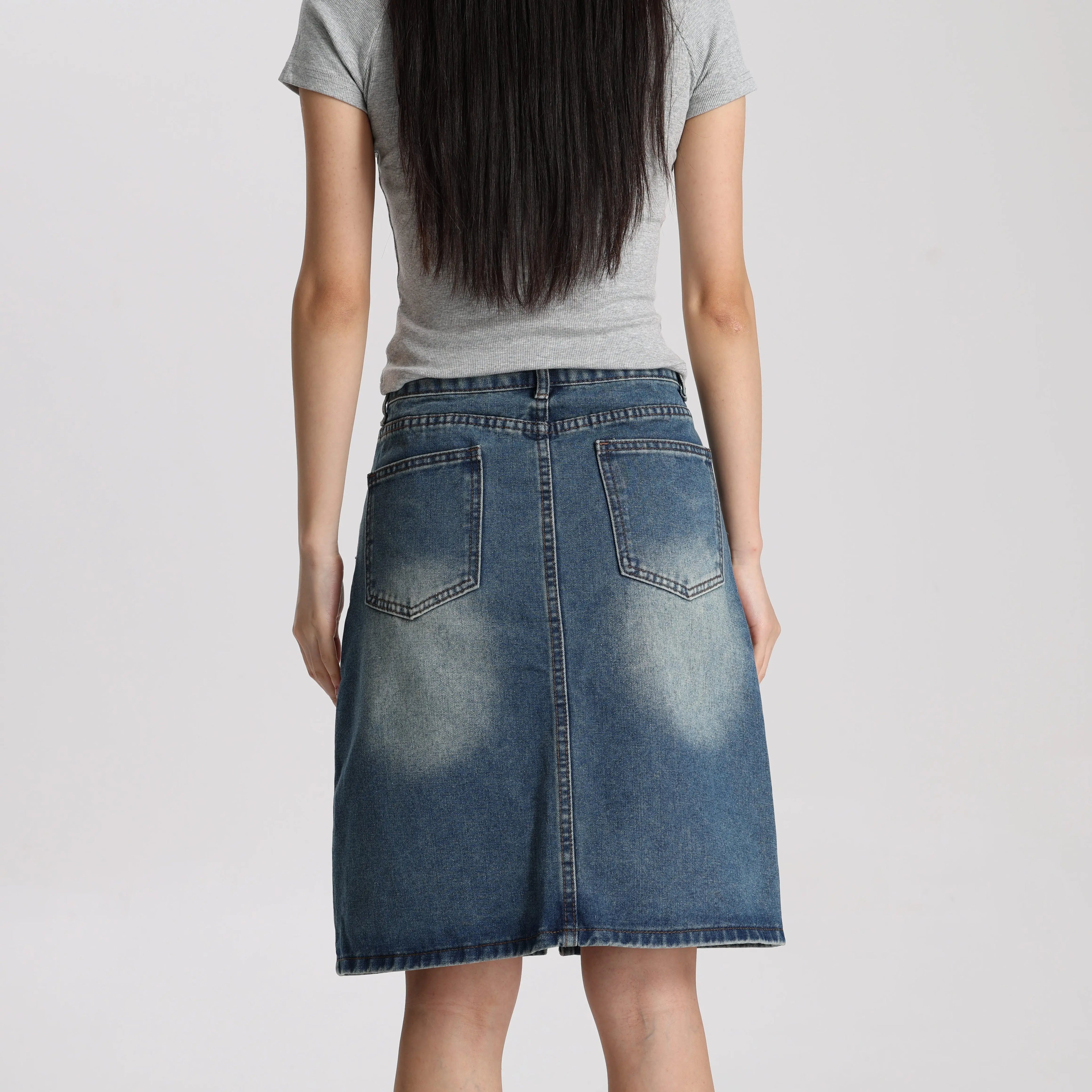 Women Medium Blue Denim A-Line Mini Skirt Mid Waist Casual Vintage Style High Quality Fashion Skirt