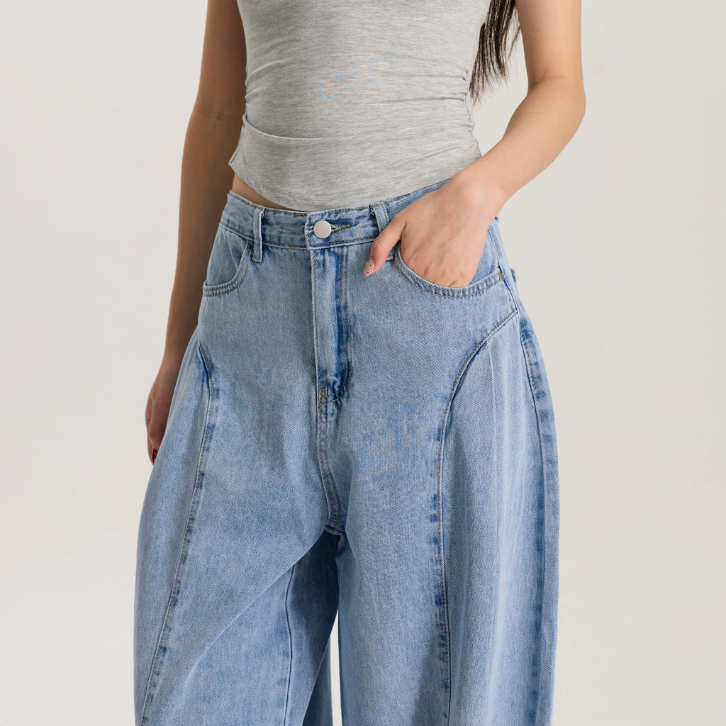 Women Light Blue Barrel Leg Denim Jeans Mid Rise Relaxed Fit Vintage Style Trendy Streetwear Pants