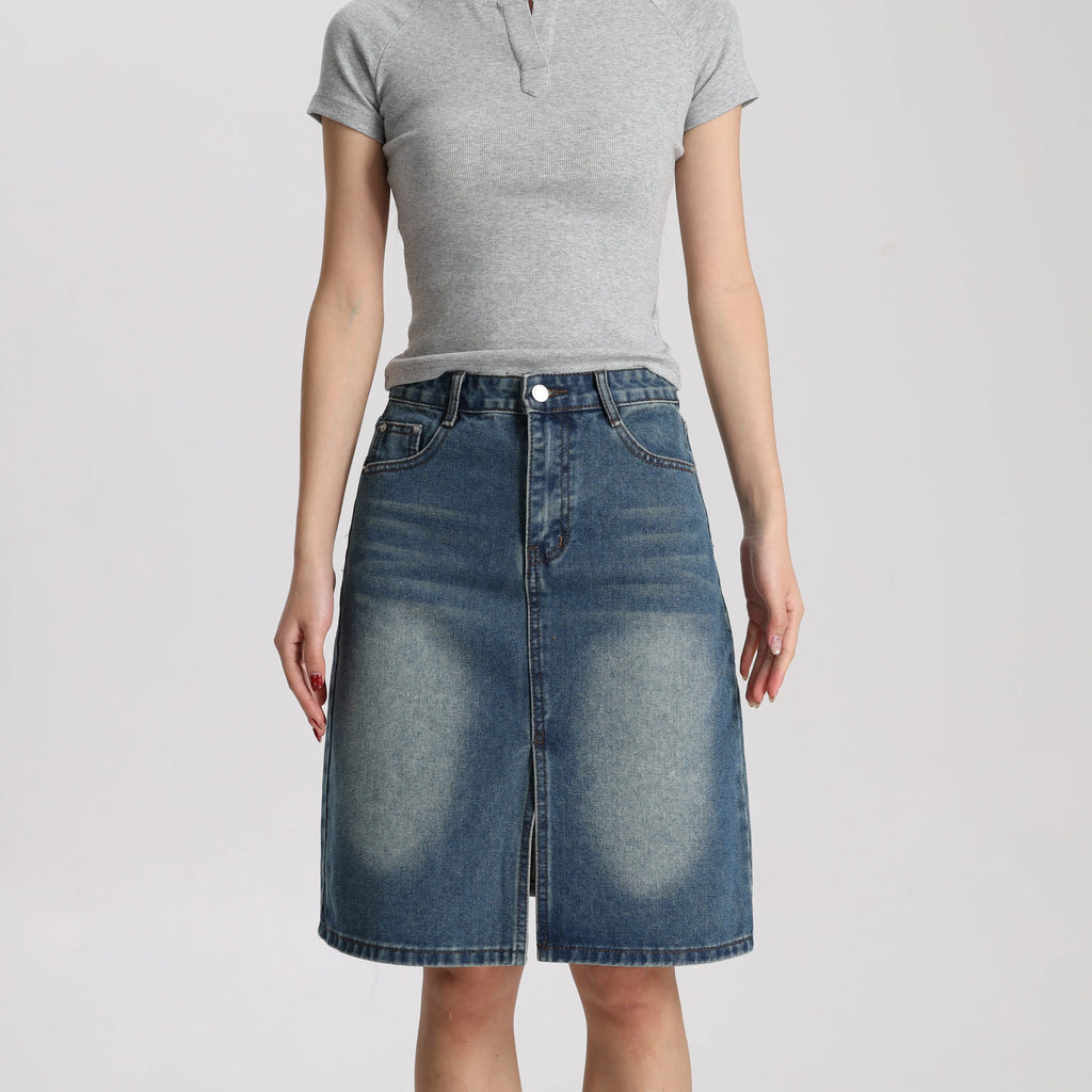 Women Medium Blue Denim A-Line Mini Skirt Mid Waist Casual Vintage Style High Quality Fashion Skirt
