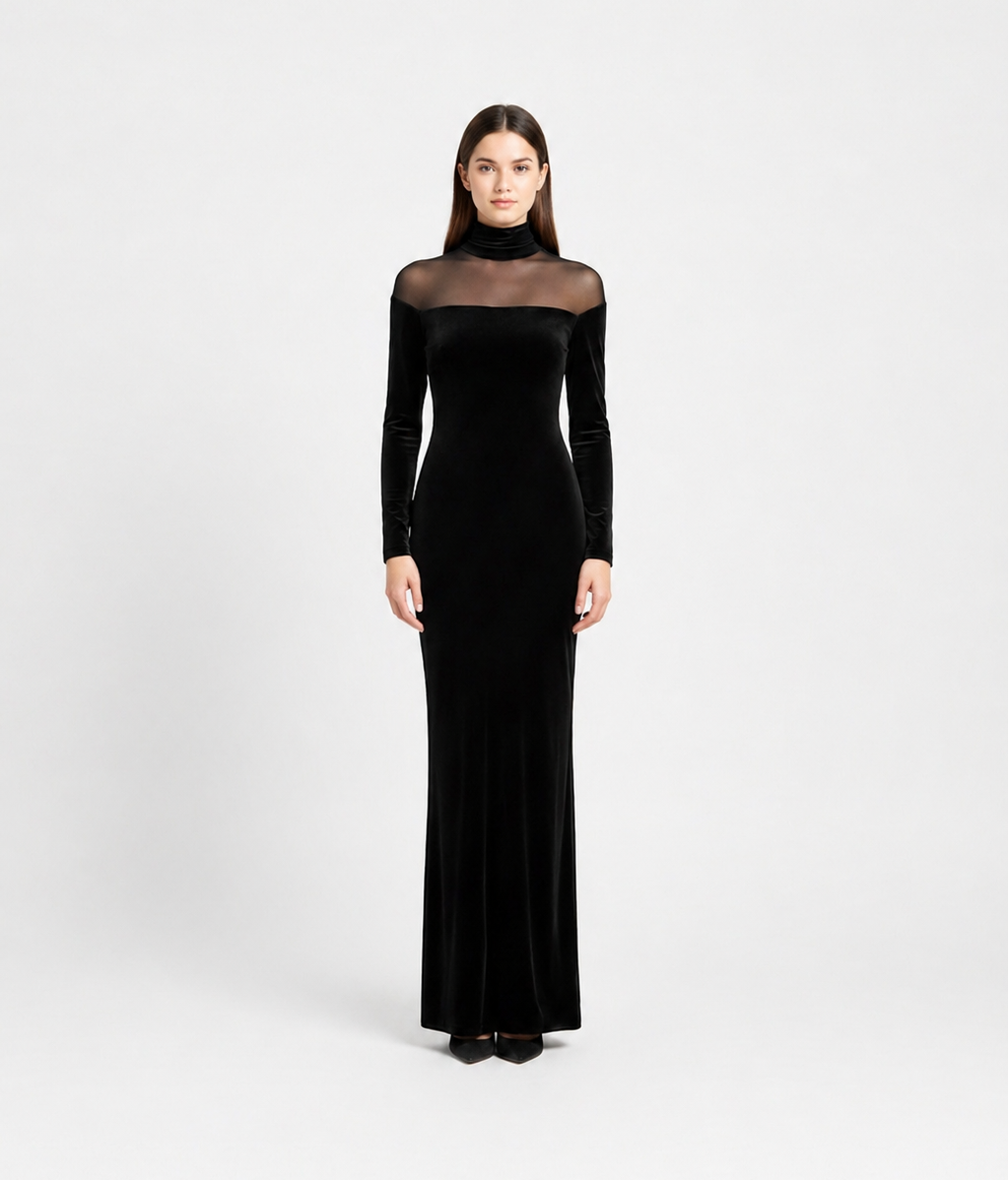 The Noir Illusion Velvet Gown – Sheer Panel Maxi