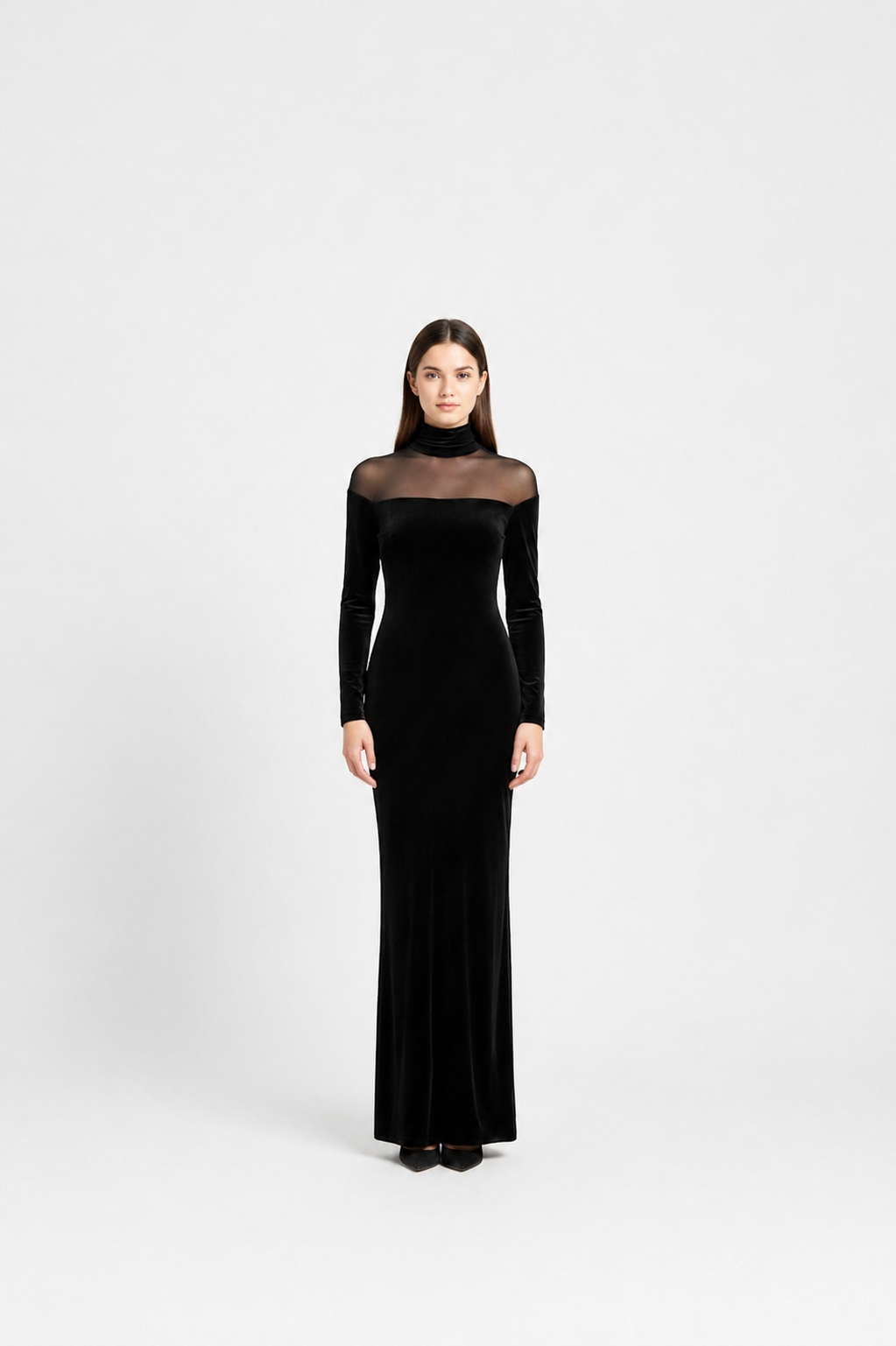 The Noir Illusion Velvet Gown – Sheer Panel Maxi