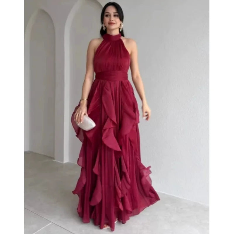 Women'S Spring 2026 Vintage Elegant Ruffled Sleeveless Cinched Waist Long Dress New Arrival