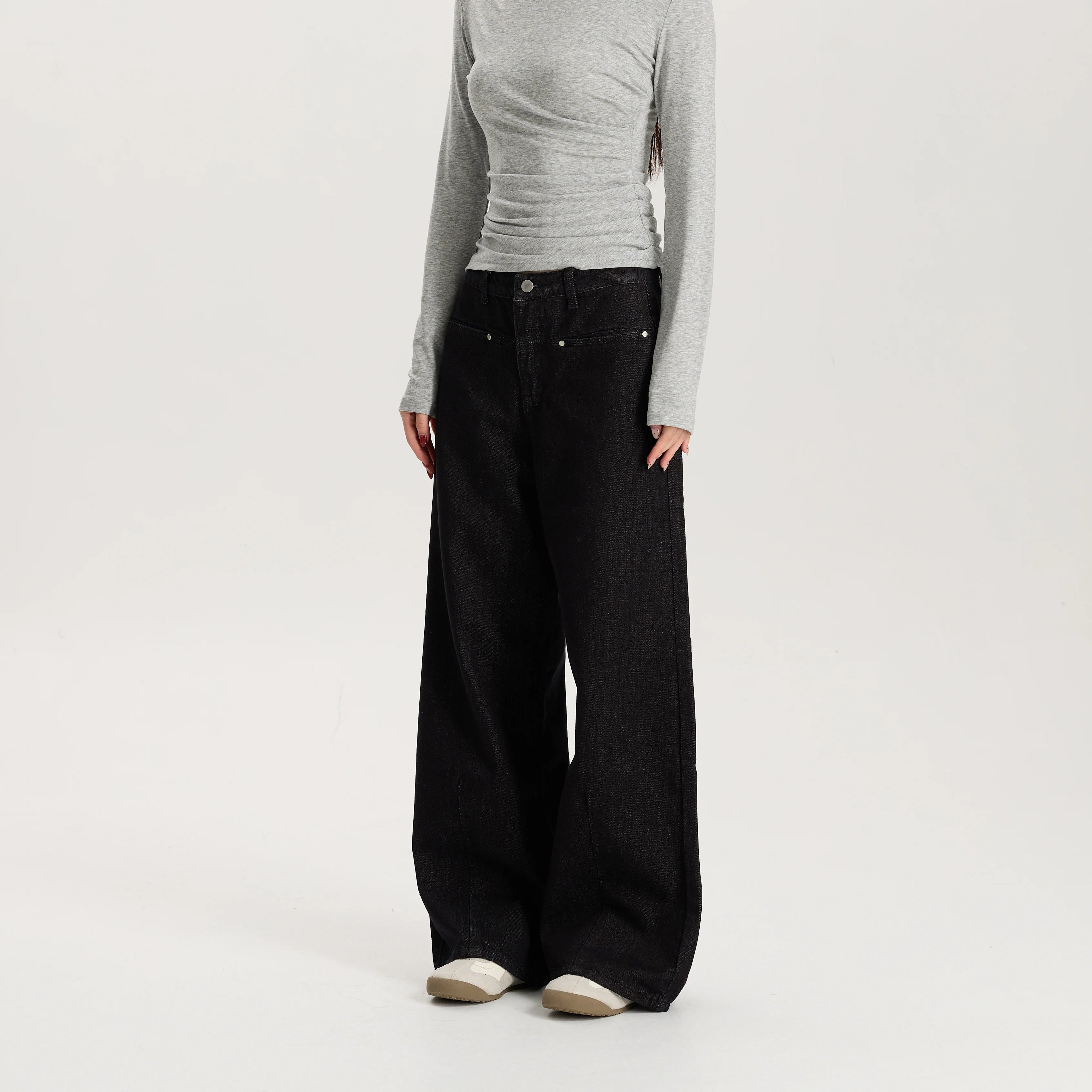Women Black Wide Leg Jeans Mid Waist Loose Fit Casual Vintage Denim Pants High Quality Durable Structured Fabric