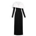 Black and White Color Blocked Knitted Floor Length Dress 2024 New Asymmetrical Shoulder Pleated Long Dress