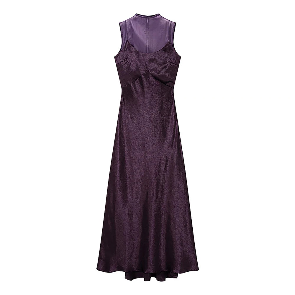 PB&ZA Women 2026 Summer New Chic Fashion Mesh Patchwork Long Dress Vintage Sleeveless Female Dresses Robe Mujer