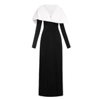 Black and White Color Blocked Knitted Floor Length Dress 2024 New Asymmetrical Shoulder Pleated Long Dress