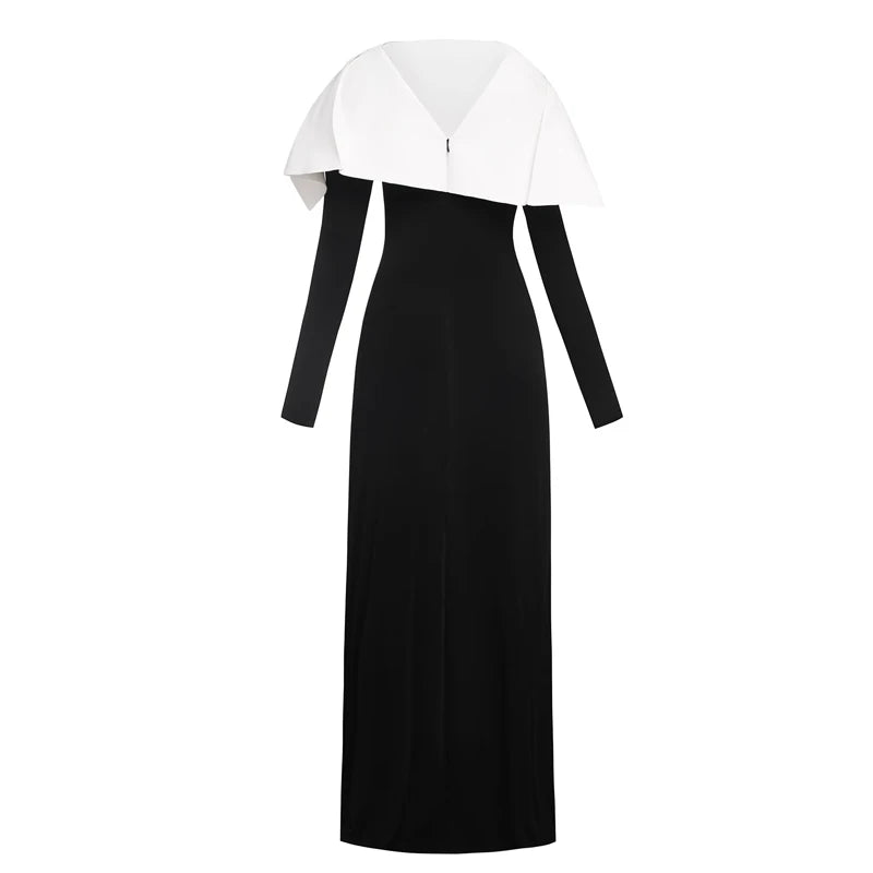 Black and White Color Blocked Knitted Floor Length Dress 2024 New Asymmetrical Shoulder Pleated Long Dress