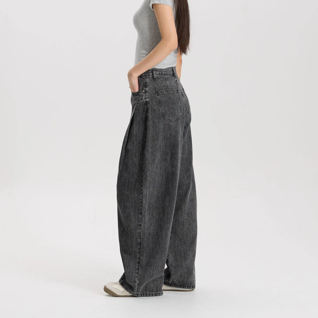 Women Vintage Washed Black Denim Pants Barrel Leg Mid Rise Relaxed Fit Trendy Street Style Jeans High Quality