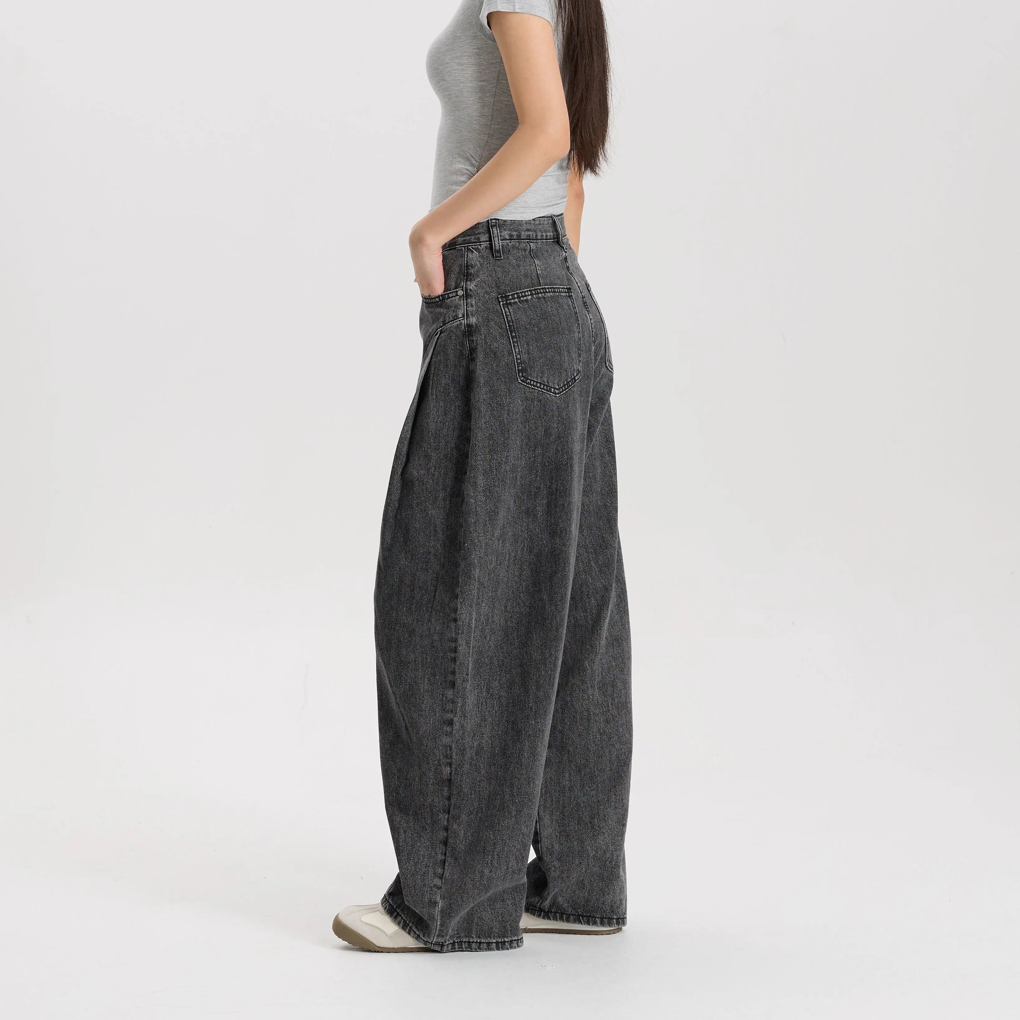 Women Vintage Washed Black Denim Pants Barrel Leg Mid Rise Relaxed Fit Trendy Street Style Jeans High Quality