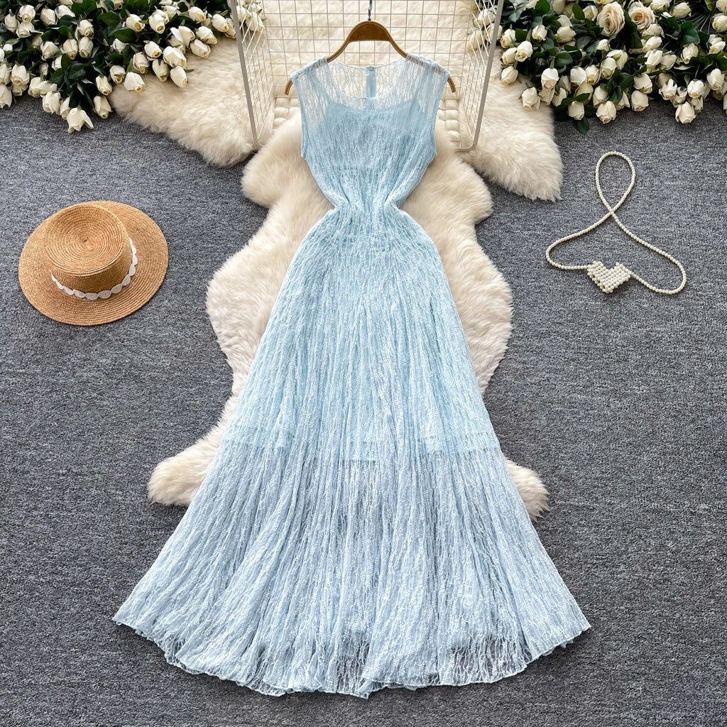 Casual Long Dress 2026 Women's Round Neck Sleeveless Lace Party Casual Fashion Pleated Dress