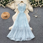 Casual Long Dress 2026 Women's Round Neck Sleeveless Lace Party Casual Fashion Pleated Dress