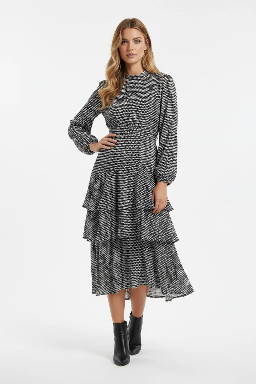 TAOP&ZA 2026 Spring New Fashionable Simple Layered Decorated Long-Sleeved Stand Collar Polka Dot Midi Maxi Dress 9861