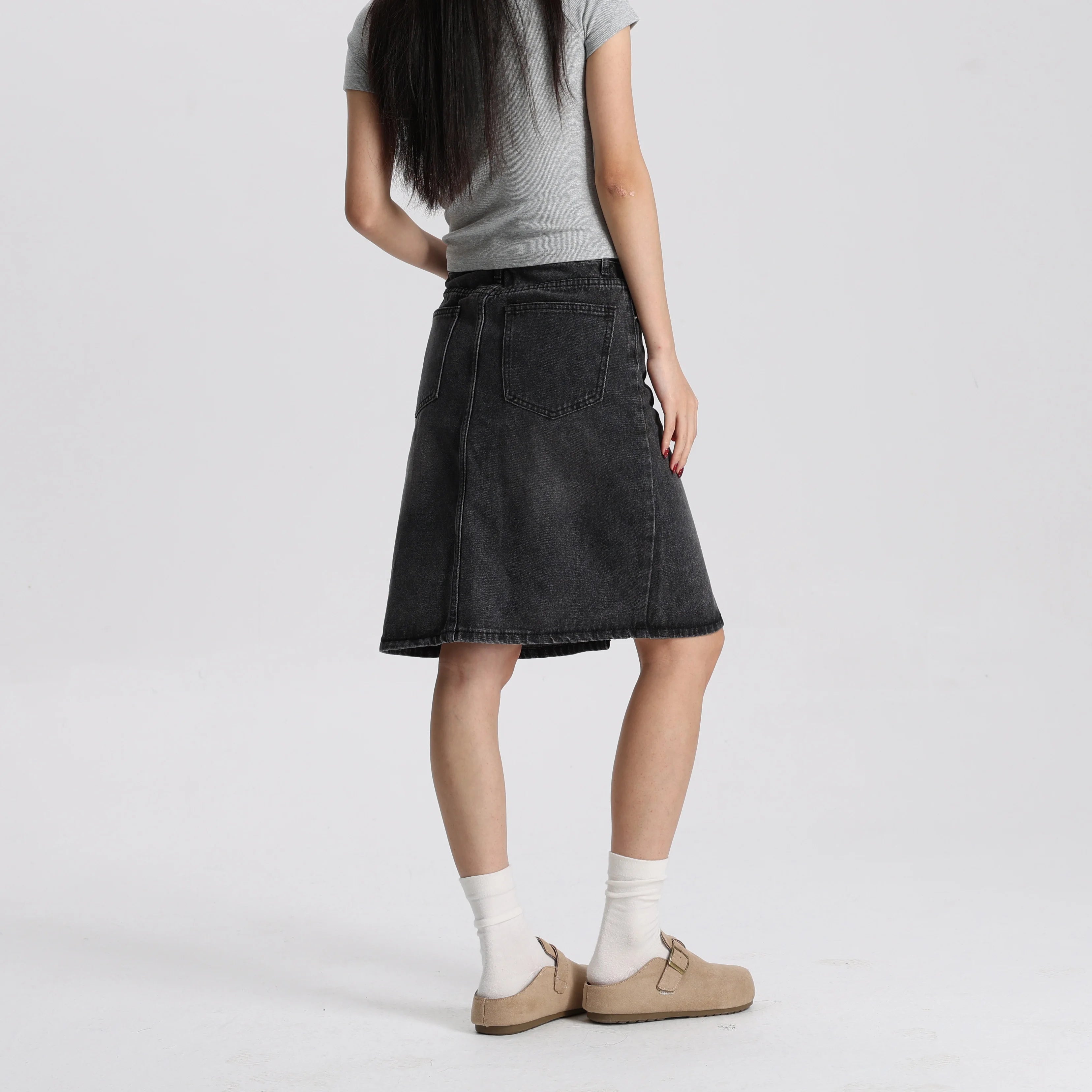 Women Washed Black Denim A-Line Mini Skirt Mid Waist Casual Vintage Style High Quality Fashion Skirt
