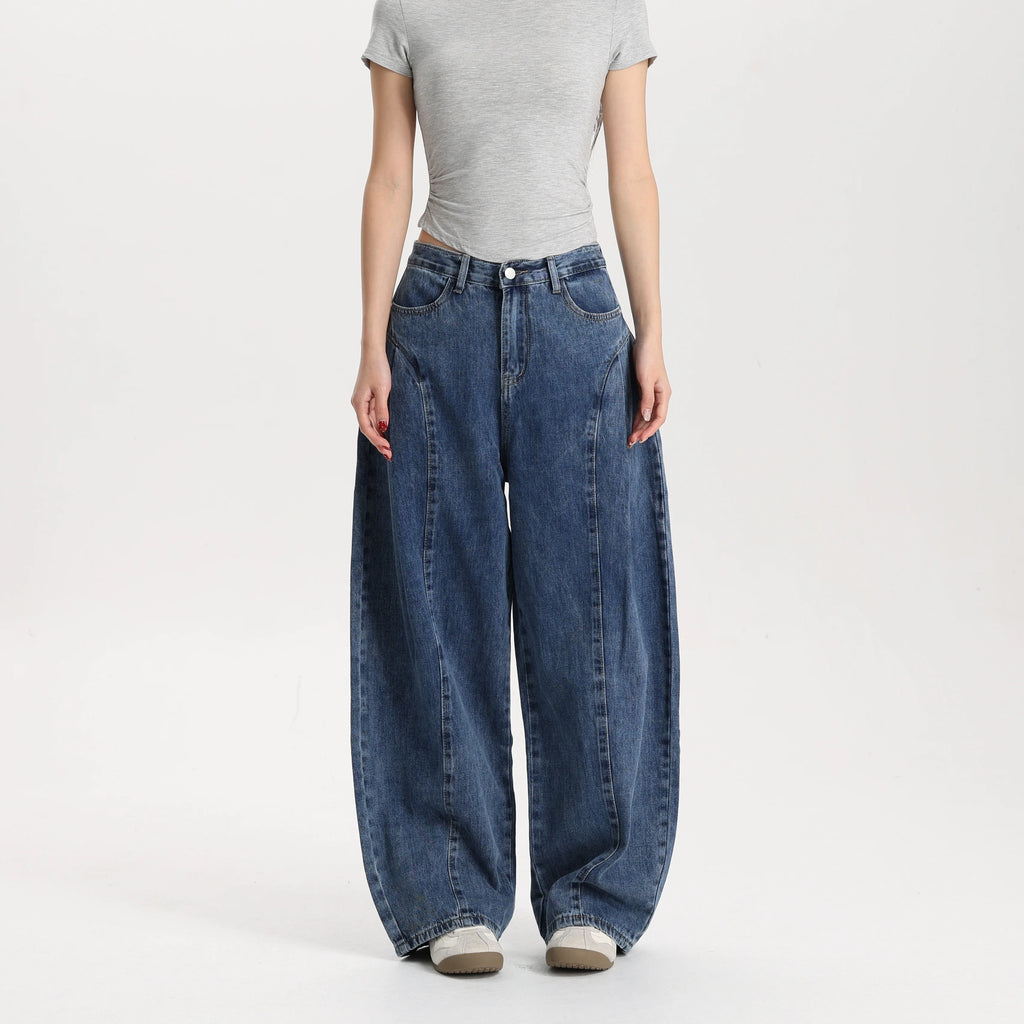 Women Classic Blue Barrel Leg Denim Jeans Mid Rise Relaxed Fit Vintage Style Trendy Streetwear Pants