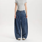 Women Classic Blue Barrel Leg Denim Jeans Mid Rise Relaxed Fit Vintage Style Trendy Streetwear Pants