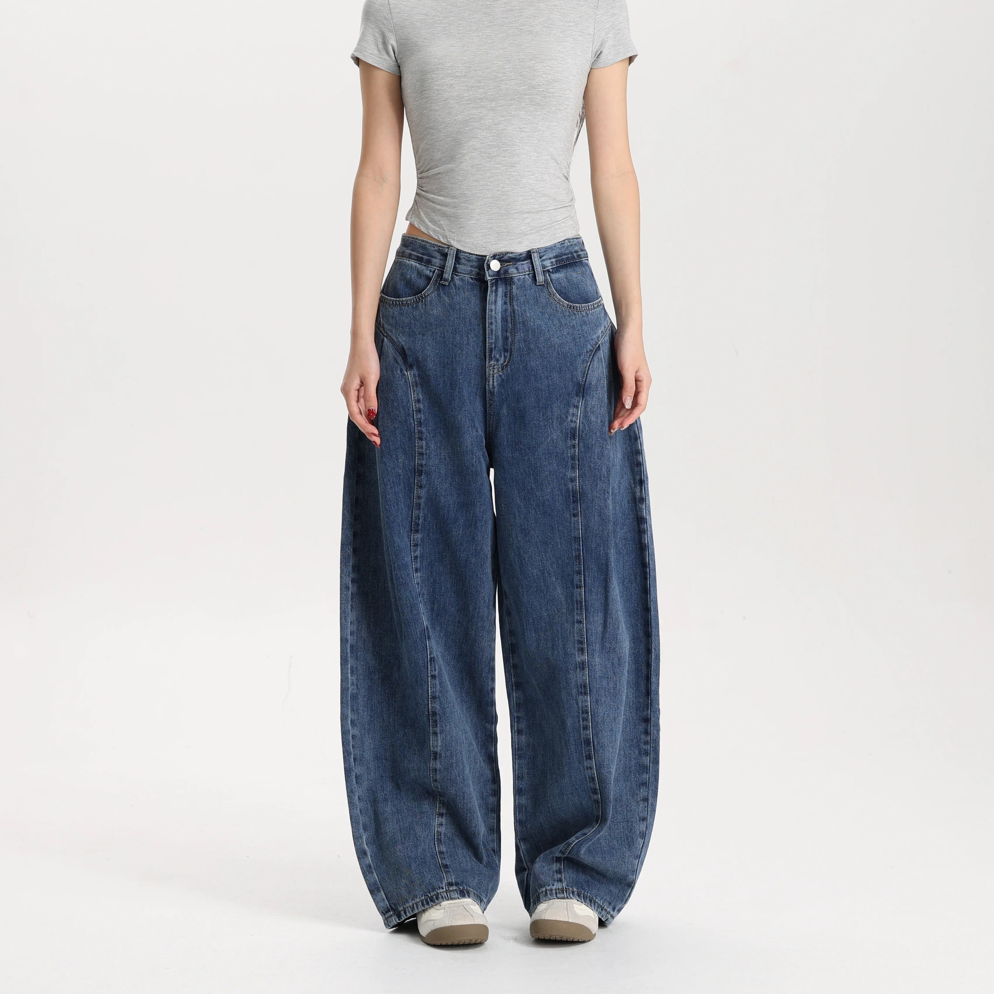 Women Classic Blue Barrel Leg Denim Jeans Mid Rise Relaxed Fit Vintage Style Trendy Streetwear Pants