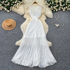 Casual Long Dress 2026 Women's Round Neck Sleeveless Lace Party Casual Fashion Pleated Dress
