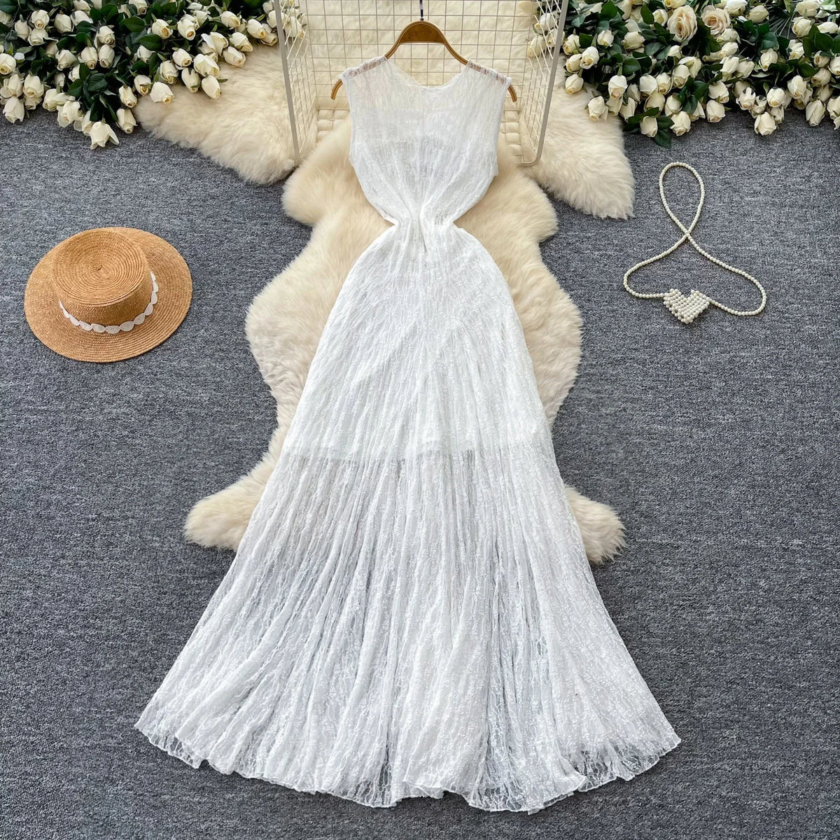 Casual Long Dress 2026 Women's Round Neck Sleeveless Lace Party Casual Fashion Pleated Dress
