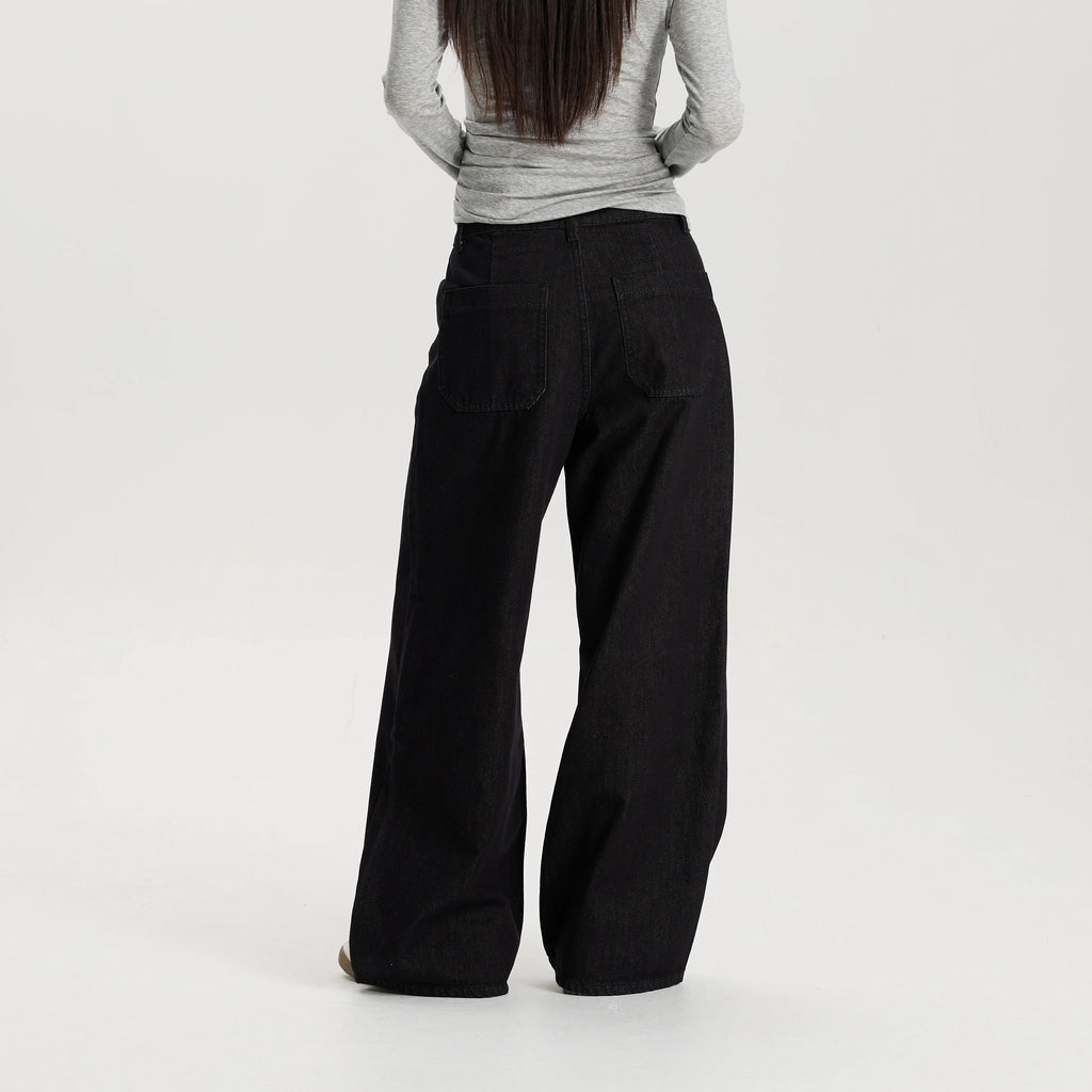Women Black Wide Leg Jeans Mid Waist Loose Fit Casual Vintage Denim Pants High Quality Durable Structured Fabric