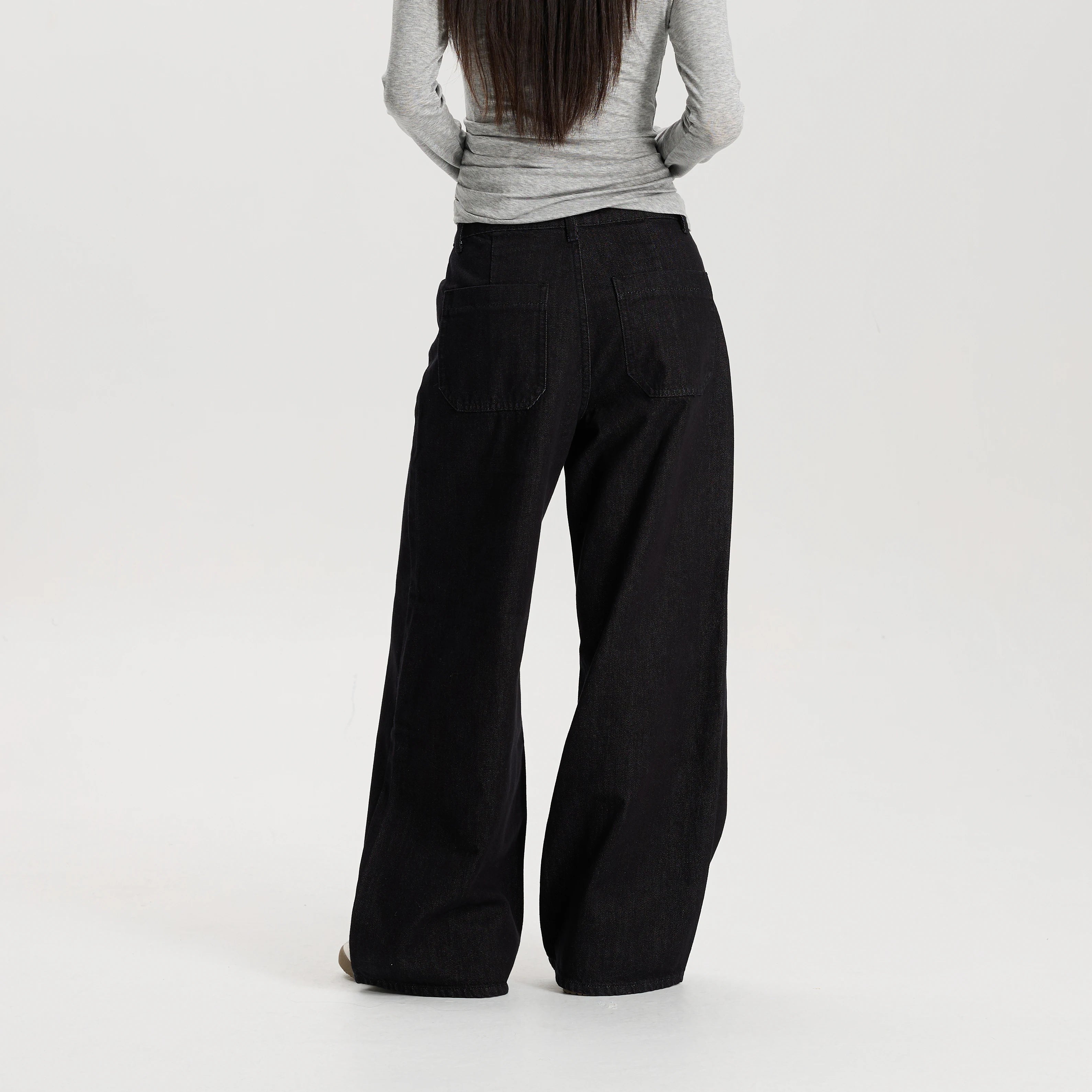 Women Black Wide Leg Jeans Mid Waist Loose Fit Casual Vintage Denim Pants High Quality Durable Structured Fabric