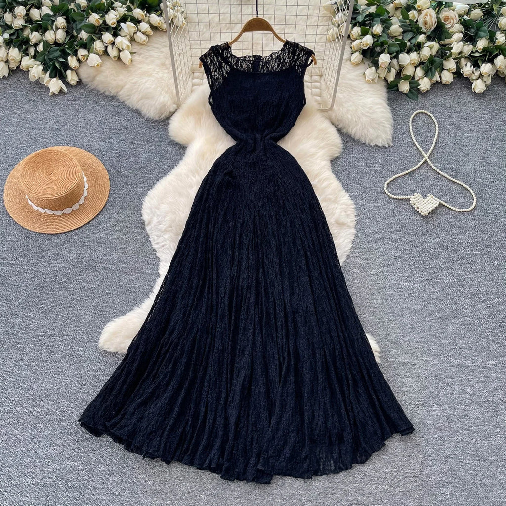 Casual Long Dress 2026 Women's Round Neck Sleeveless Lace Party Casual Fashion Pleated Dress