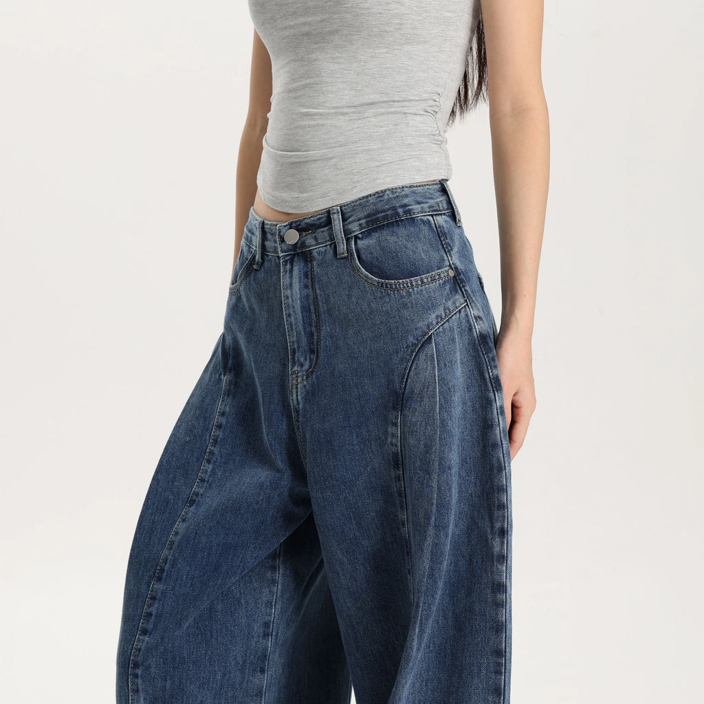 Women Classic Blue Barrel Leg Denim Jeans Mid Rise Relaxed Fit Vintage Style Trendy Streetwear Pants