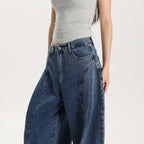 Women Classic Blue Barrel Leg Denim Jeans Mid Rise Relaxed Fit Vintage Style Trendy Streetwear Pants
