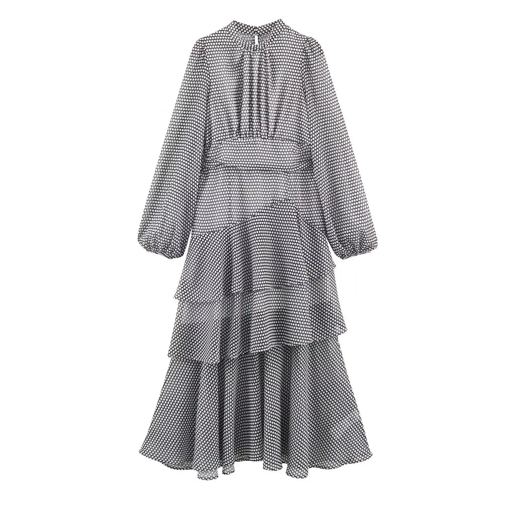 TAOP&ZA 2026 Spring New Fashionable Simple Layered Decorated Long-Sleeved Stand Collar Polka Dot Midi Maxi Dress 9861