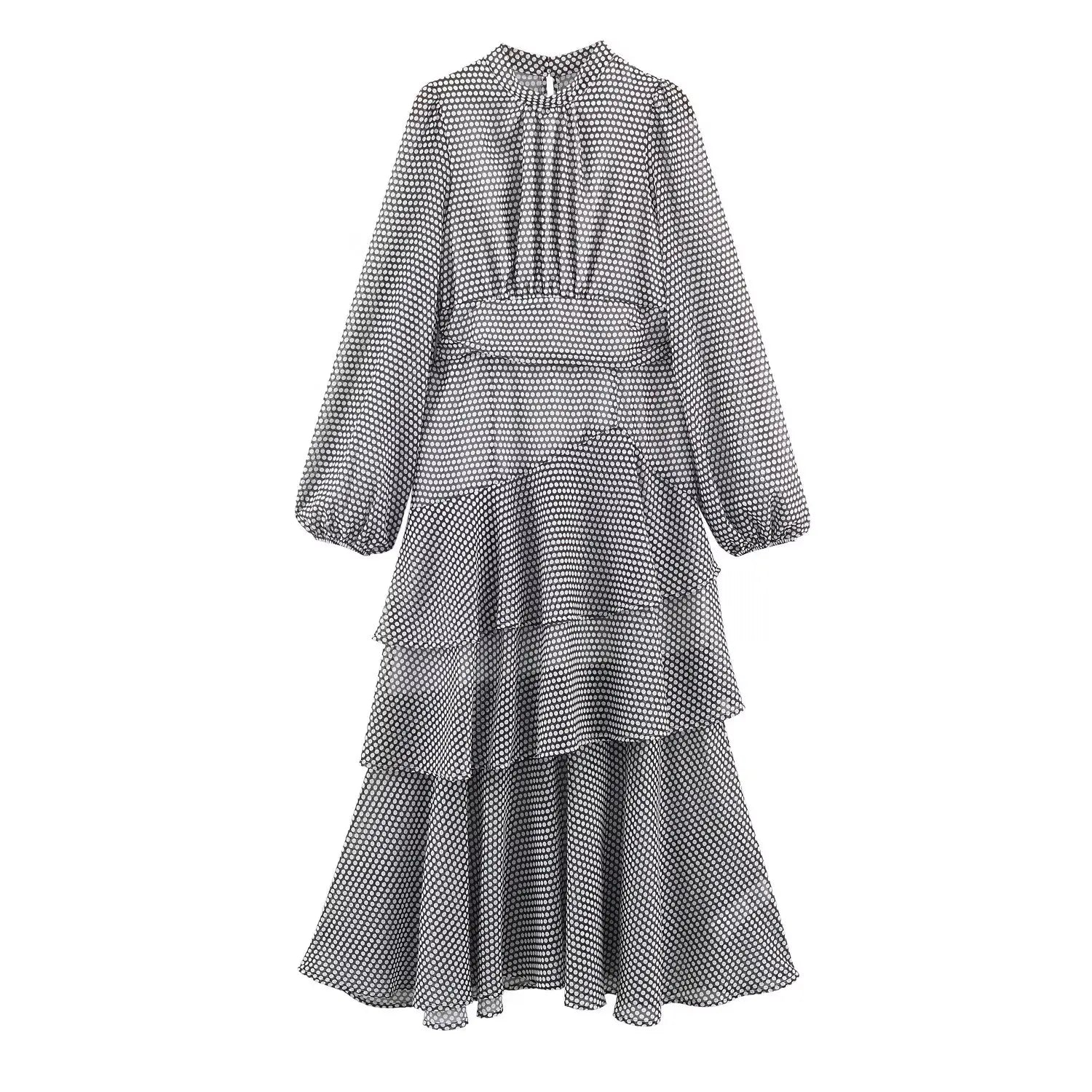 TAOP&ZA 2026 Spring New Fashionable Simple Layered Decorated Long-Sleeved Stand Collar Polka Dot Midi Maxi Dress 9861