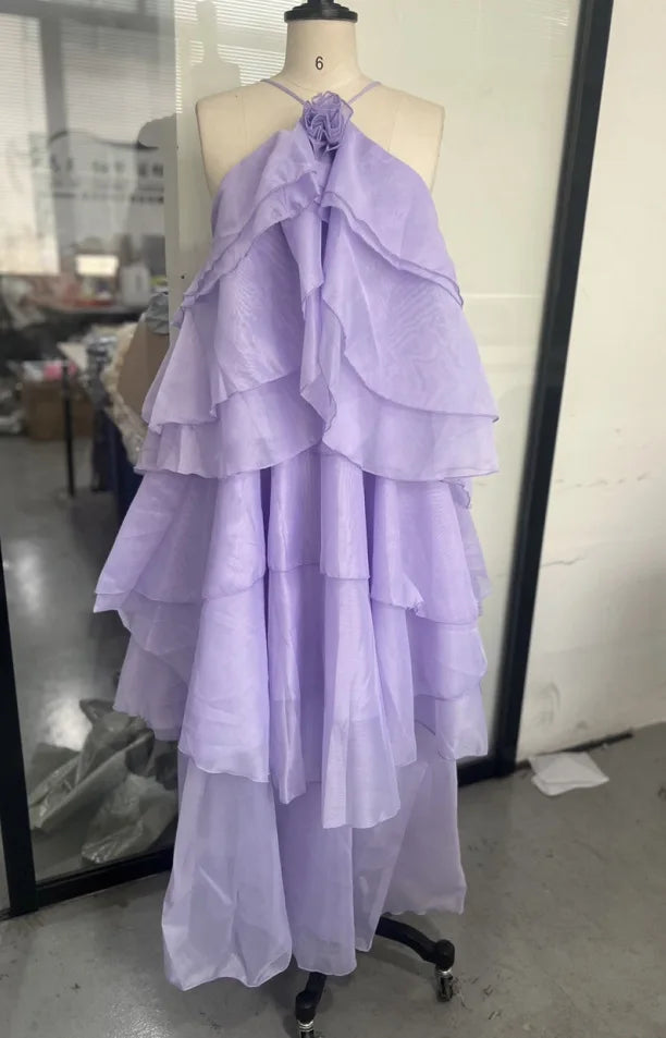 Hot Sale Ladies Summer Maxi Dress A-Line Flower Layered Halter Backless Sleeveless with Ruffles Decoration Parties Casual Dress