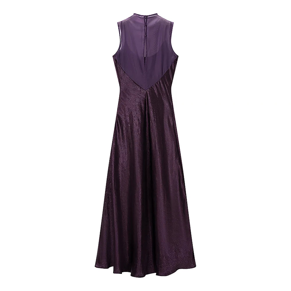 PB&ZA Women 2026 Summer New Chic Fashion Mesh Patchwork Long Dress Vintage Sleeveless Female Dresses Robe Mujer