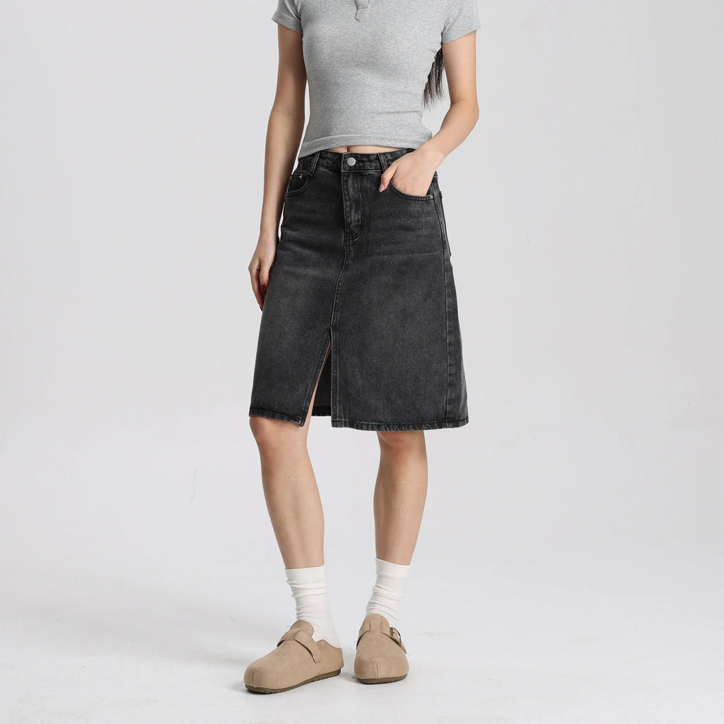Women Washed Black Denim A-Line Mini Skirt Mid Waist Casual Vintage Style High Quality Fashion Skirt