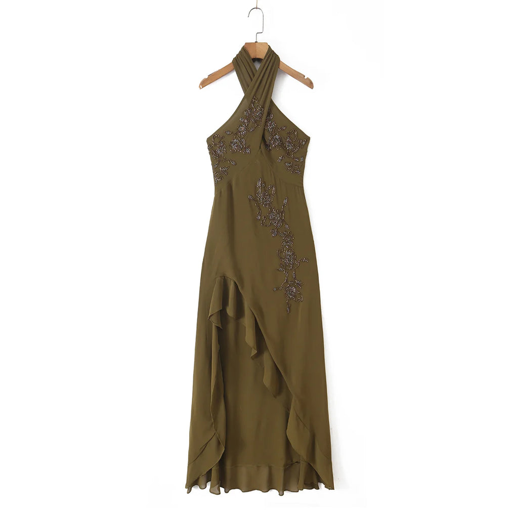 TAOP&ZA Retro Fashion European and American Style 2026 New Women's Halter Neck Beaded Backless Ruffle Sleeveless Dress