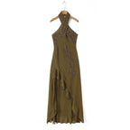 TAOP&ZA Retro Fashion European and American Style 2026 New Women's Halter Neck Beaded Backless Ruffle Sleeveless Dress