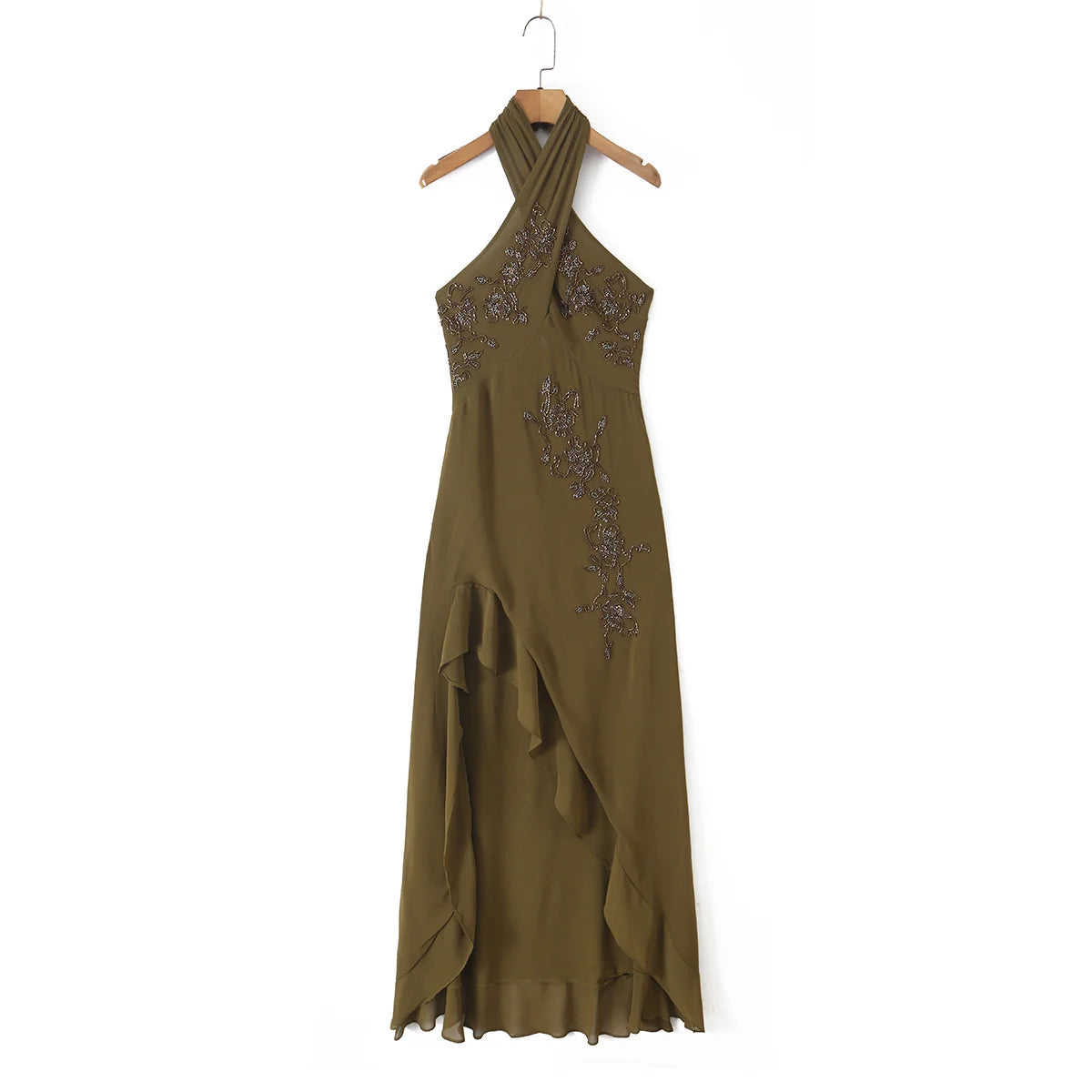 TAOP&ZA Retro Fashion European and American Style 2026 New Women's Halter Neck Beaded Backless Ruffle Sleeveless Dress