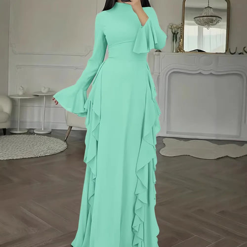 2026 Fall Women Custom Logo Formal Elegant Vintage Casual O-Neck A-line Maxi Woven Dress Solid Contrast Color Club Day Light
