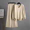 Women's Solid Casual Knitted Wide Leg Pants Sweater Set Autumn Winter Outfit New Korean Version Regular Fashion Two-piece Set