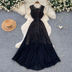Casual Long Dress 2026 Women's Round Neck Sleeveless Lace Party Casual Fashion Pleated Dress