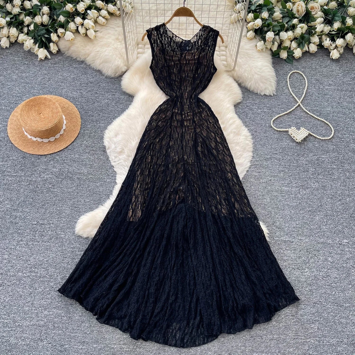 Casual Long Dress 2026 Women's Round Neck Sleeveless Lace Party Casual Fashion Pleated Dress
