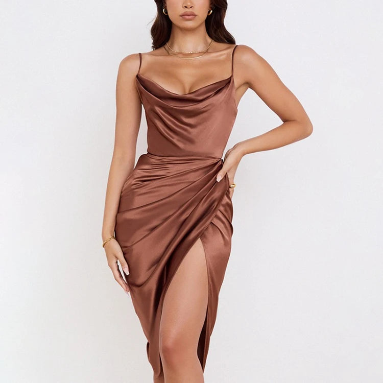 Satin Midi Sundress High Slit Sexy Slip Dress