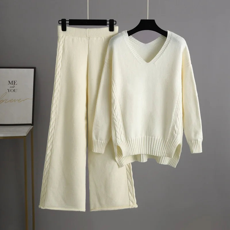 Women's Solid Casual Knitted Wide Leg Pants Sweater Set Autumn Winter Outfit New Korean Version Regular Fashion Two-piece Set