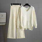 Women's Solid Casual Knitted Wide Leg Pants Sweater Set Autumn Winter Outfit New Korean Version Regular Fashion Two-piece Set
