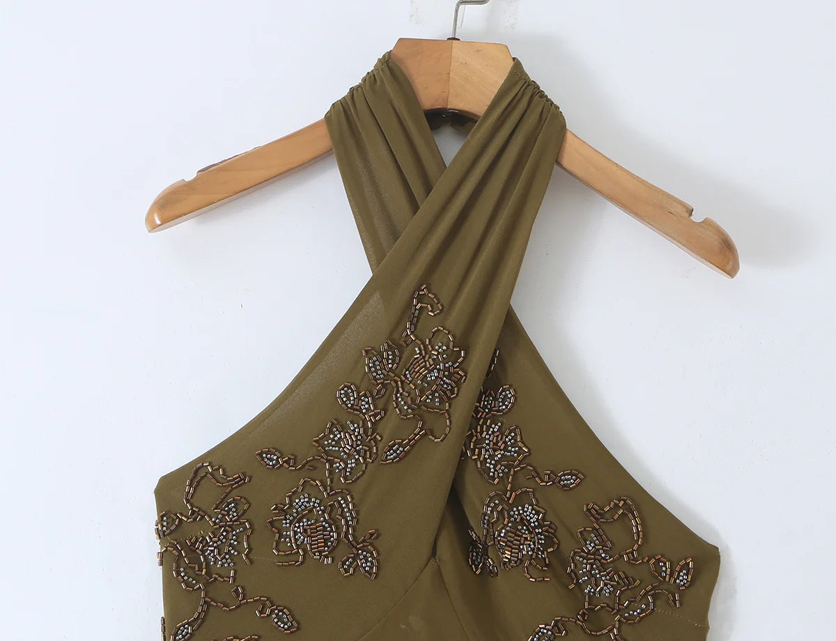 TAOP&ZA Retro Fashion European and American Style 2026 New Women's Halter Neck Beaded Backless Ruffle Sleeveless Dress