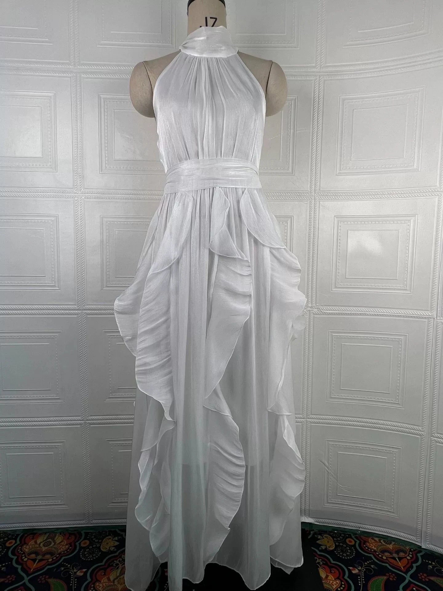 Women'S Spring 2026 Vintage Elegant Ruffled Sleeveless Cinched Waist Long Dress New Arrival