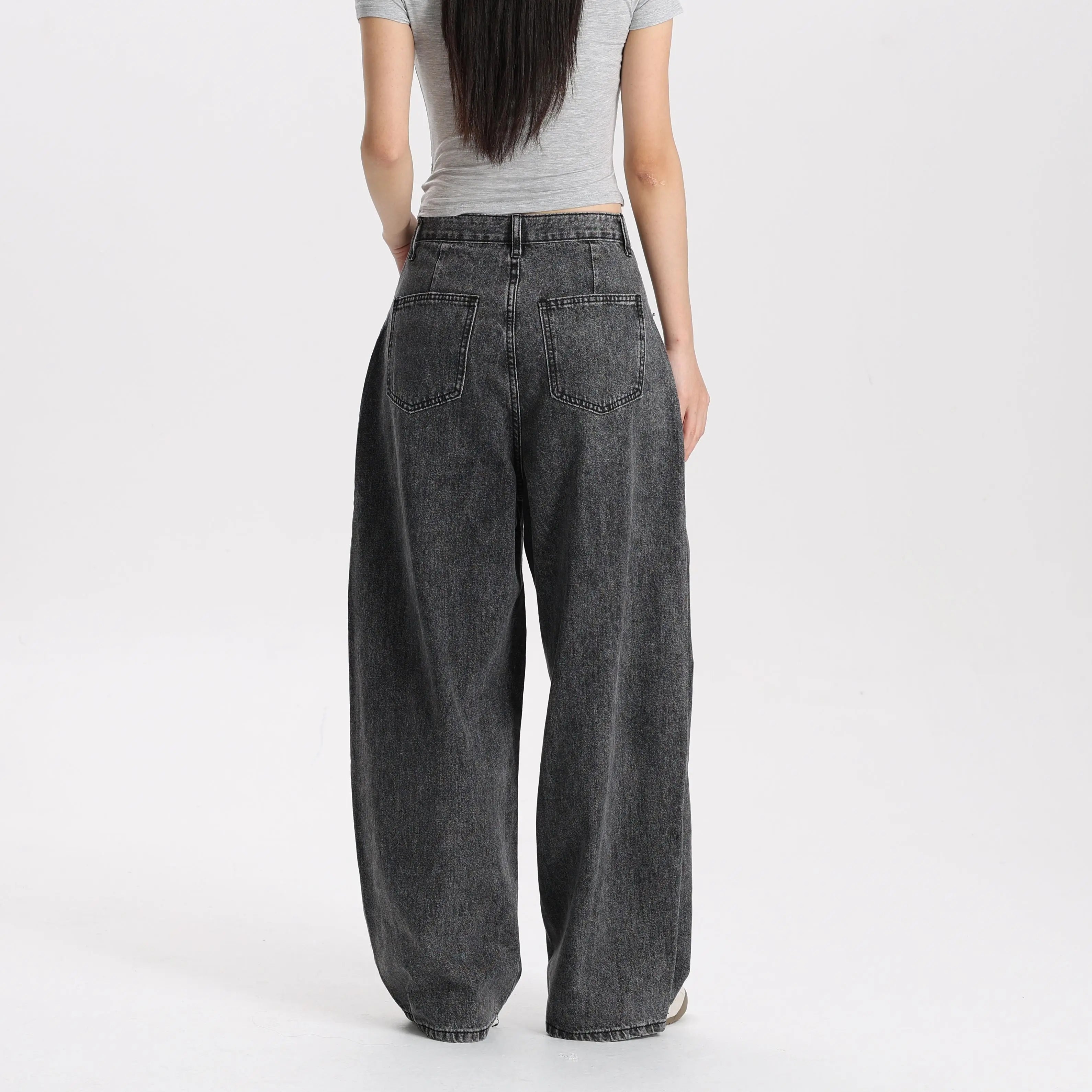 Women Vintage Washed Black Denim Pants Barrel Leg Mid Rise Relaxed Fit Trendy Street Style Jeans High Quality