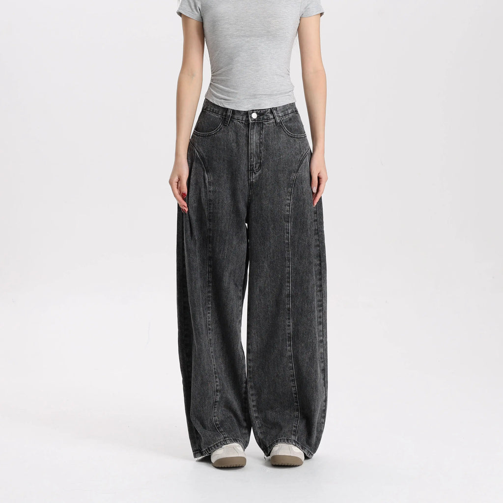 Women Vintage Washed Black Denim Pants Barrel Leg Mid Rise Relaxed Fit Trendy Street Style Jeans High Quality