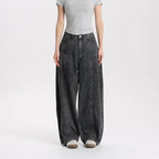 Women Vintage Washed Black Denim Pants Barrel Leg Mid Rise Relaxed Fit Trendy Street Style Jeans High Quality